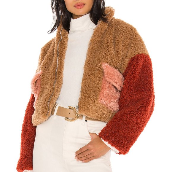 NEW Kendall Kylie Revolve Color Block Sherpa Knit Front Zip Utility Jacket Sz L - Picture 1 of 10